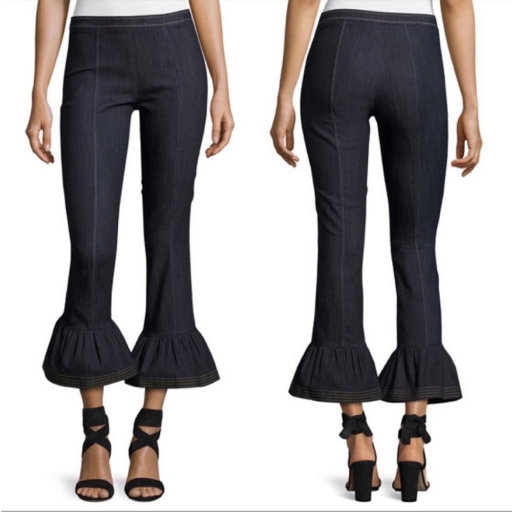 Cinq a Sept Celia Ruffle Flared Slim Leg Jeans | Dark Wash | 10